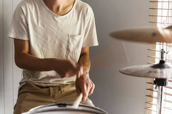 Drummer Playing Fast Beat On High-Hats & Snare Drum — 스톡 사진