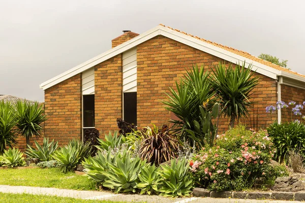 Jardin tropical maison de banlieue dans rue calme — Photo