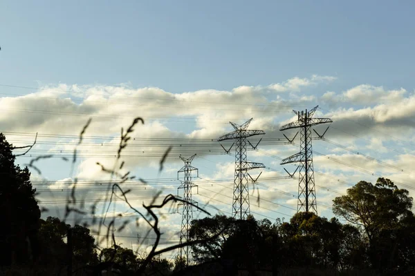 Stromleitungen verkettet in Silhouette von Grasland unten — Stockfoto