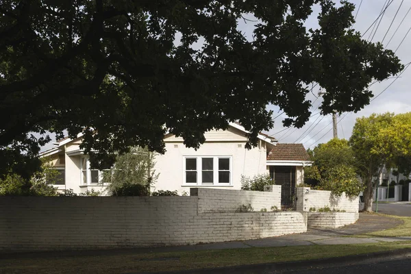 Casa di periferia con grande albero di fronte — Foto Stock