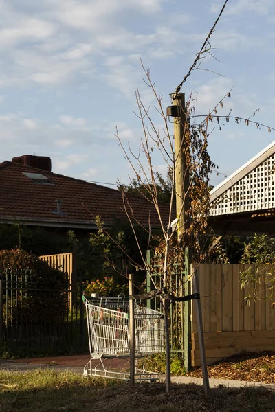 Carrello della spesa abbandonato sulla striscia di natura suburbana — Foto Stock