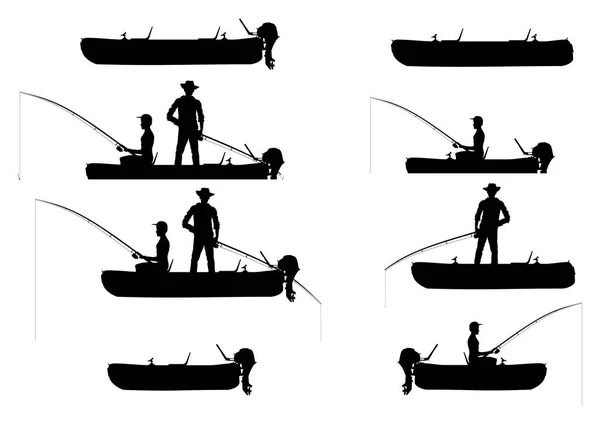Siluetter Sportfiskare Och Båtar Skriver Jon Sidovy Flat Vektor — Stock vektor