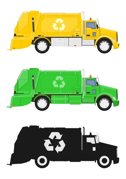 Set Three Garbage Truck Side View Flat Vector — Stock Vector