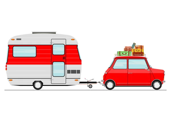 Cartoon Car Caravan Side View Flat Vector — Stock Vector