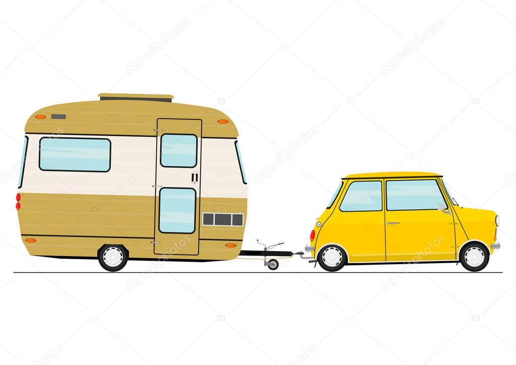 Cartoon car with a caravan. Side view. Flat vector.