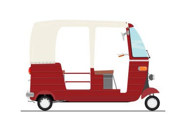 Flat vector exotic cartoon three wheeler tuk tuk rickshaw. Side view of transport vehicle. clipart
