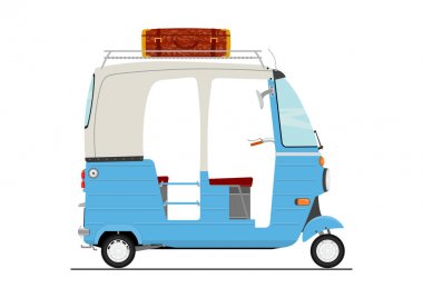 Düz vektör egzotik çizgi film üç wheeler tuk tuk çekçek. Araç yan görünüm.