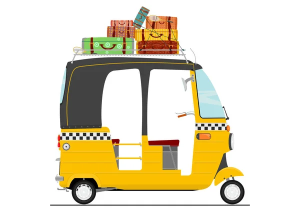 Flat Vector Exotic Cartoon Three Wheeler Tuk Tuk Rickshaw Side — Stock Vector