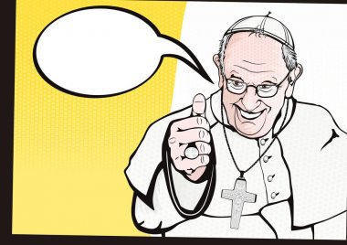 Vatikan. 2018 yıl. Francis Bishop Roma (Latince: Franciscus Episcopus Romanus). Yarı ton ile çizgi roman tarzında düz vektör Papa Francis. Boş konuşma balonu.