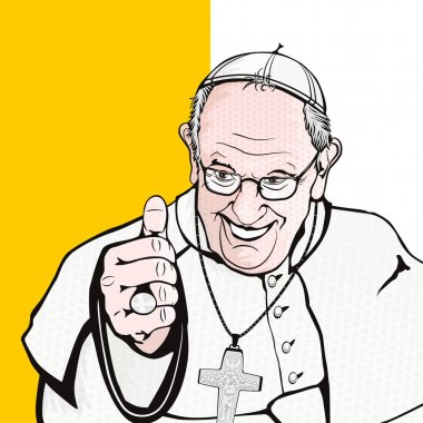 Vatican. Circa year 2018. Francis The Bishop of Rome. Flat vector of Pope Francis on the background of the Vatican City flag in comics style with halftone. clipart