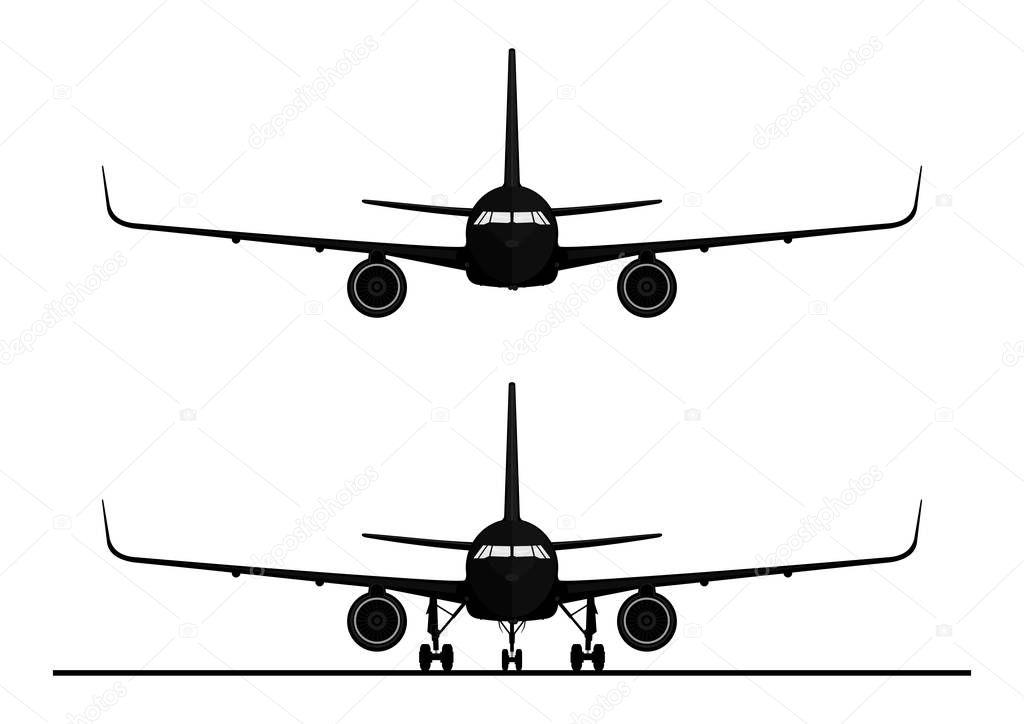 Silhouette of a modern jet airliner. Front view. Flat vector for infographic.