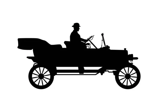 Régi Autó Sziluett Vintage Turistaautó Sofőrrel Bowler Kalapban Oldalnézetből Lapos — Stock Vector