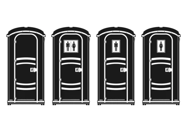 Toilettes Portables Silhouettes Quatre Cabines Extérieures Moulées Plastique Vue Latérale — Image vectorielle