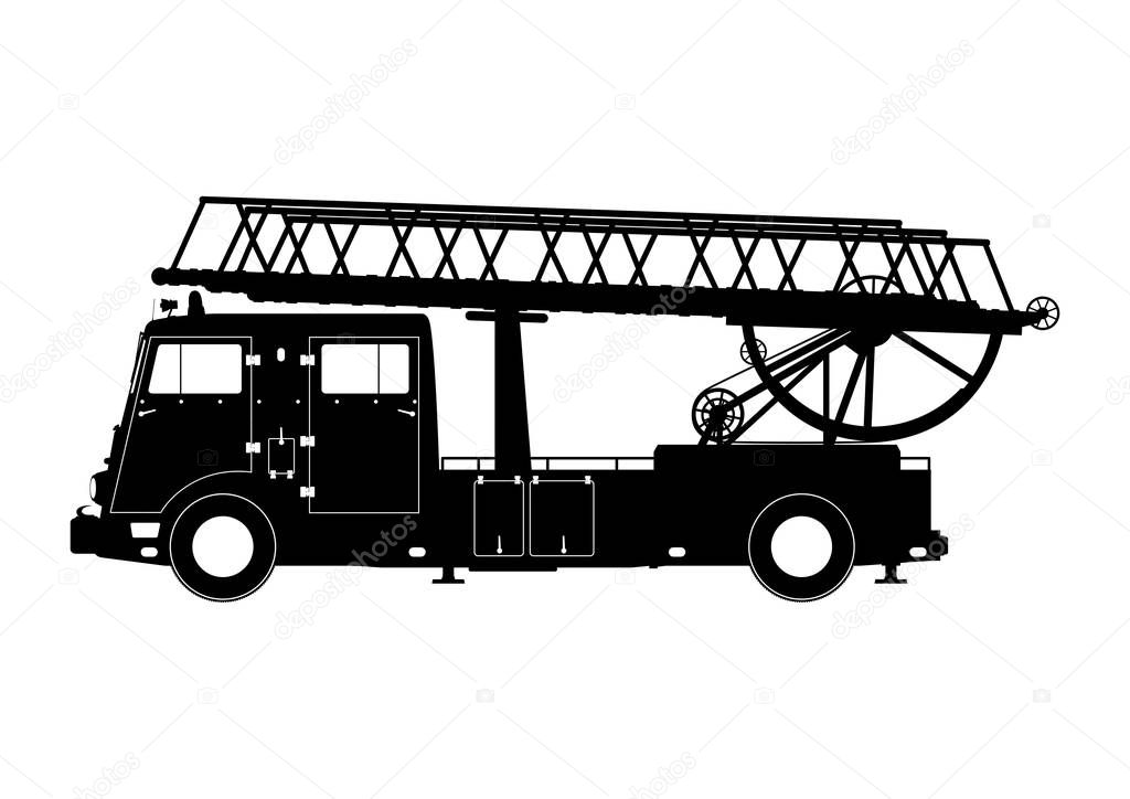 Silhouette of a fire truck. Side view. Flat vector.