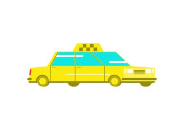 Basit sarı taksi. Beyaz arka planda çizgi film taksisi. Yan görüş. Düz vektör.