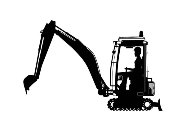 Mini Excavator Silhouette Excavators Operator Side View Flat Vector — Stock Vector