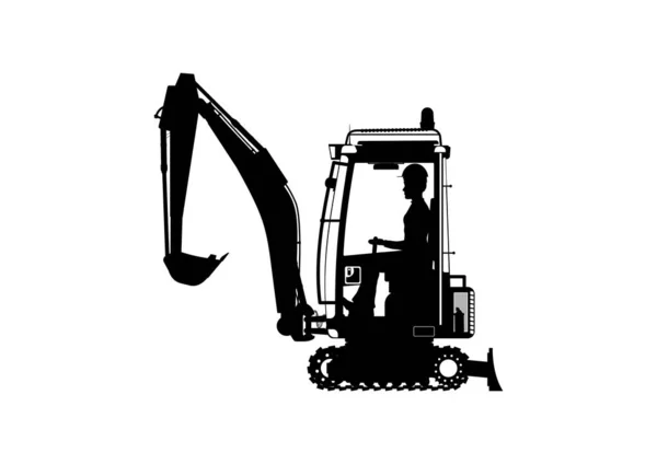 Mini Excavator Silhouette Excavators Operator Side View Flat Vector — Stock Vector