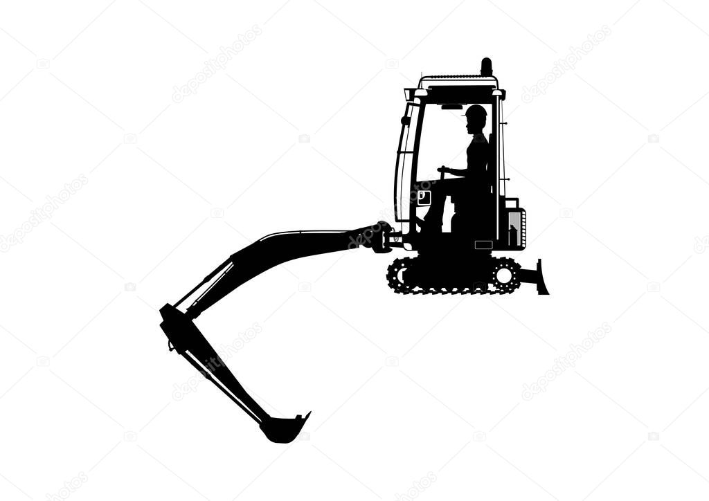 Mini excavator. Silhouette of excavators with an operator inside. Side view. Flat vector.