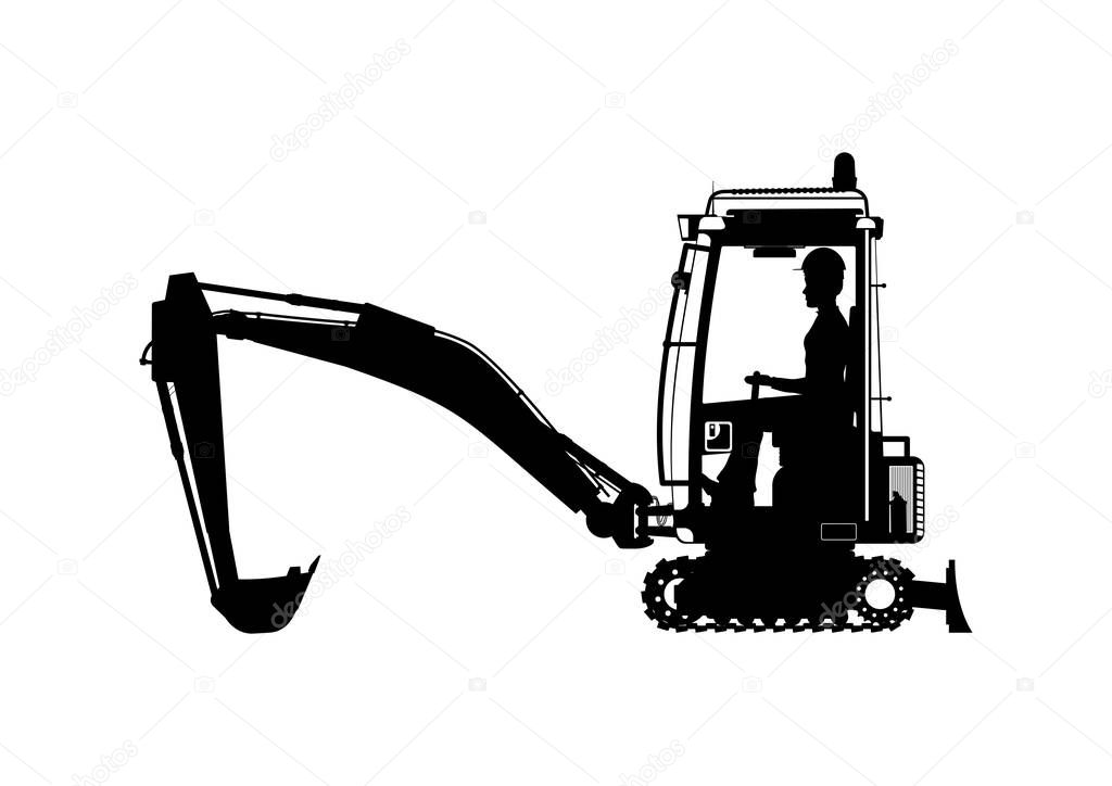 Mini excavator. Silhouette of excavators with an operator inside. Side view. Flat vector.