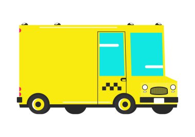 Çizgi film kurye kamyonu. Teslimat aracının yan görüntüsü. Düz vektör.
