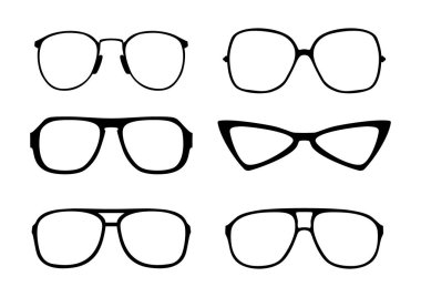 Gözlük simgesi. Altı tane modern gözlük çerçevesi. Ön manzara. Düz vektör.