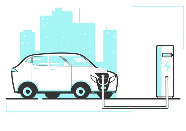 Uma Ilustração Simplificada Carro Elétrico Carregando Uma Estação Carregamento Vista — Vetor de Stock