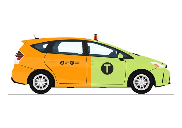 Fogalma Zöld Sárga Taxi Oldalsó Nézet Modern Taxi Félig Zöld — Stock Vector