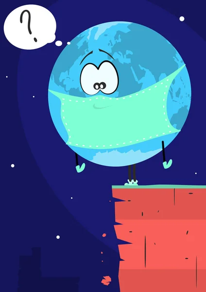 Dibujos Animados Planeta Tierra Una Máscara Pie Borde Precipicio Vector — Vector de stock