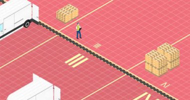 Lojistik konsept. Sarı forklift bir paleti kutularla kamyona yüklüyor. Basit izometrik görünüm canlandırması.