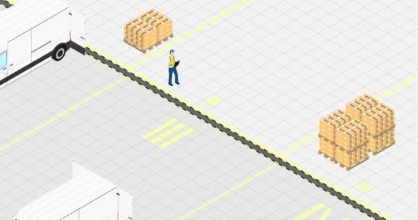 Conceito logístico. Empilhadeira amarela carregando uma palete com caixas em um caminhão. Animação de visão isométrica simplista . — Vídeo de Stock