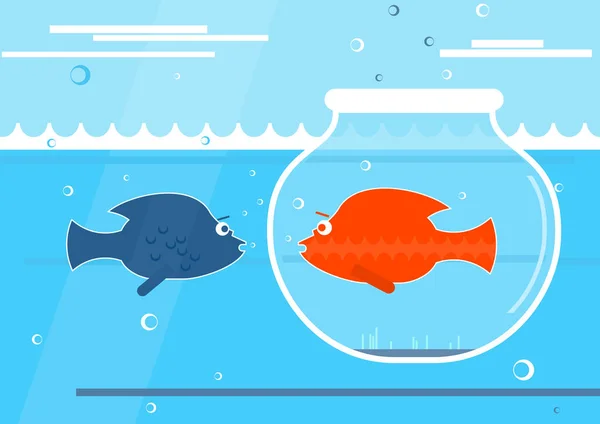 Concepto Distanciamiento Social Peces Frasco Acuario Inmerso Mar Separado Otros — Vector de stock