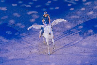 İle İsveç uluslararası bir beyaz kanatlı at Pegasus göster