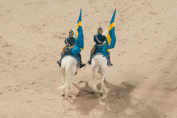 Gardes royaux montés avec des drapeaux suédois au cercueil prix esprit — Photo