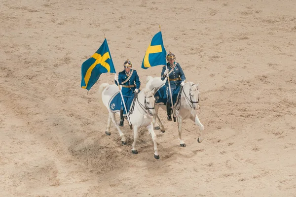 Gardes royaux montés avec des drapeaux suédois au cercueil prix esprit — Photo