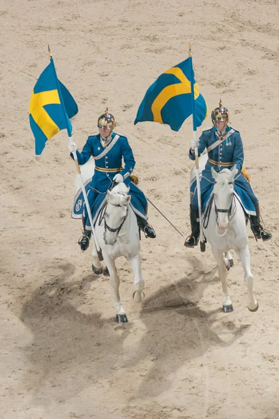 Gardes royaux montés avec des drapeaux suédois au cercueil prix esprit — Photo