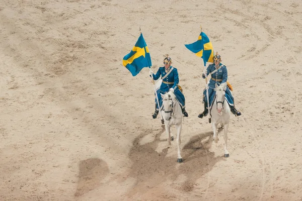 Guardias reales montados con banderas suecas en el ingenio cermony premio — Foto de Stock