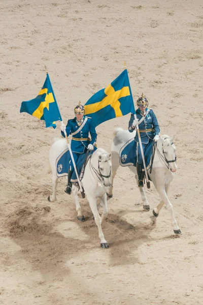 Конная королевская стража со шведскими флагами на призе остроумия Стоковое Изображение