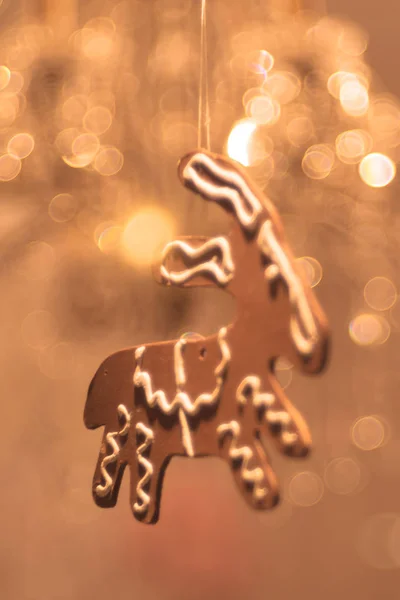 Gingerbread reindeer in a window decoration during christmas — Stock Photo, Image