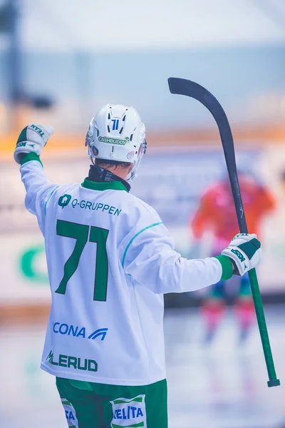 Kasper Milerud slaví po gól v utkání v bandy hokeji hru mezi — Stock fotografie