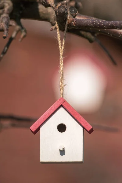 Pequena casa bonitinha para insetos em vermelho e branco durante a primavera em um — Fotografia de Stock