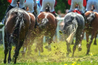 Jockeys hızlı eğrideki dışarı atlar Nationaldagsg hızda