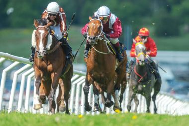 Jockeys hızlı eğrideki dışarı atlar Nationaldagsg hızda