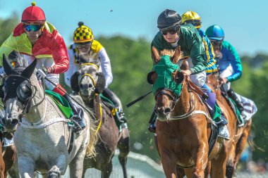 Jockeys hızlı eğrideki dışarı atlar Nationaldagsg hızda