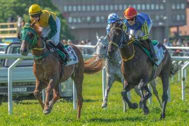Jockeys hızlı eğrideki dışarı atlar Nationaldagsg hızda