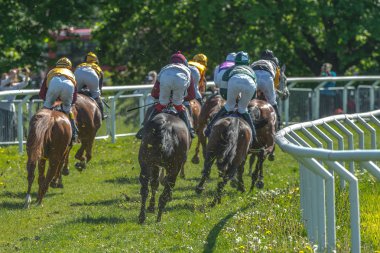 Jockeys hızlı eğrideki dışarı atlar arka Natio hızda