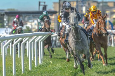 Jockeys hızlı eğrideki dışarı atlar Nationaldagsg hızda