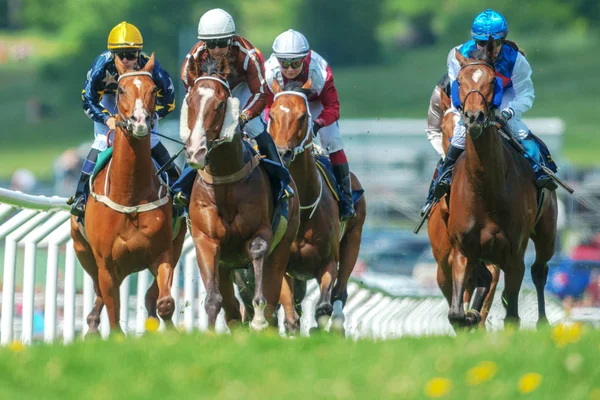 Caballos con jinetes fuera de una curva a paso rápido en Nationaldagsg —  Fotos de Stock