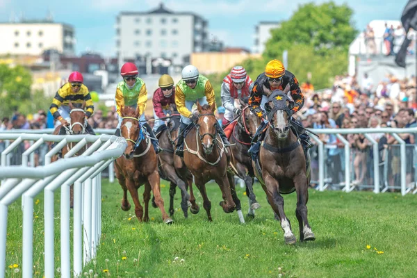 Horses with jockeys out of a curve in fast pace at Nationaldagsg — Stock Photo, Image