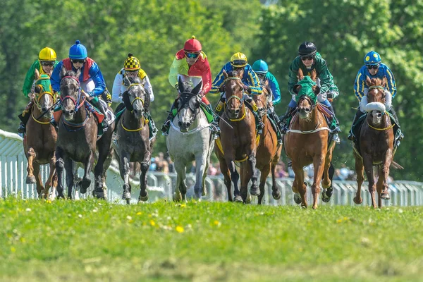 Group of horses with jockeys out of a curve in fast pace at Nati — Stock Photo, Image