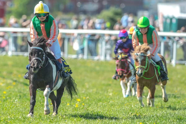 Mladá dívka žokejů v závodě pony na Nationaldagsgaloppen g — Stock fotografie